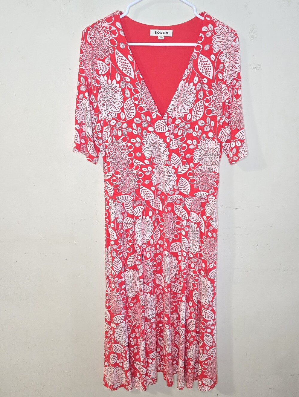 Boden Kassidy Jersey Midi Dress US 12 Red Gardenia Swirl Floral V Neck Pockets